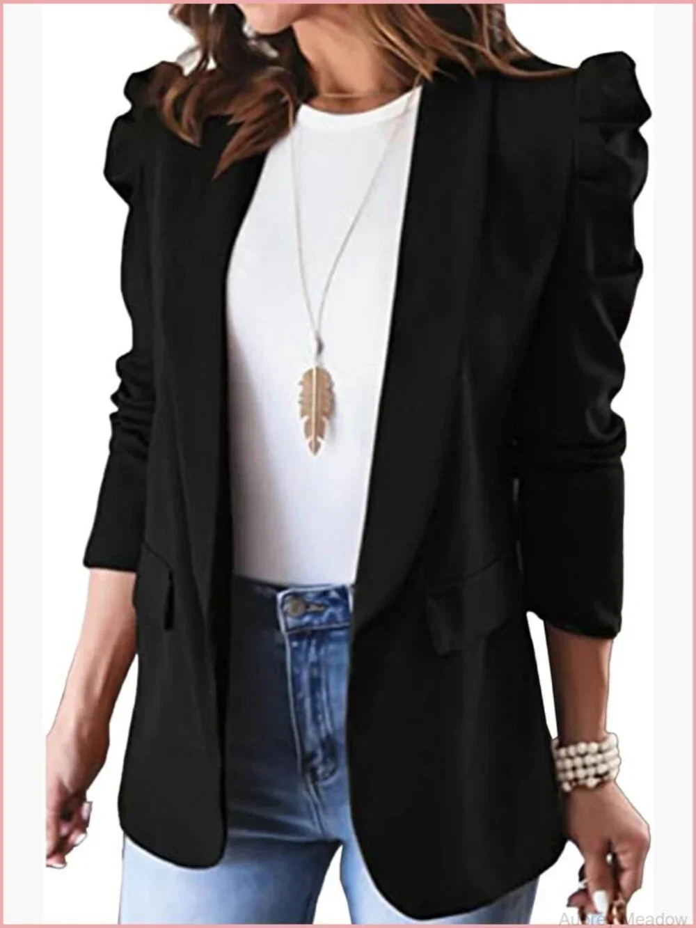Puff Sleeve Shoulder Pad Slim Blazer Suit Casual Lapel Open Front Work Office